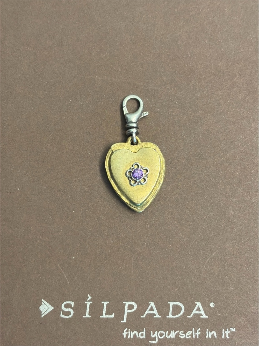 Silpada Sterling Silver Gold Heart Locket Bracelet Charm with Purple Stone